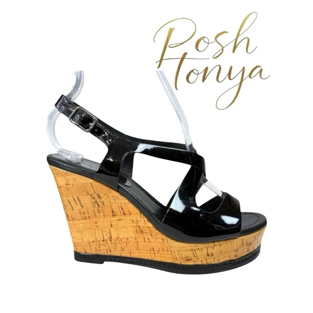 Donald J Pliner Camdyn Black Patent Leather Cork Wedge Sandals Womens Size 6